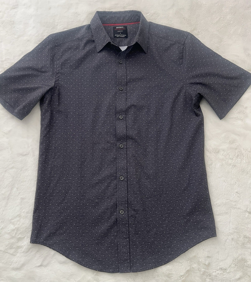 Mix & Ny Performance Slim Fit Shirt Gray Short Sleeve Stretch Mens Small